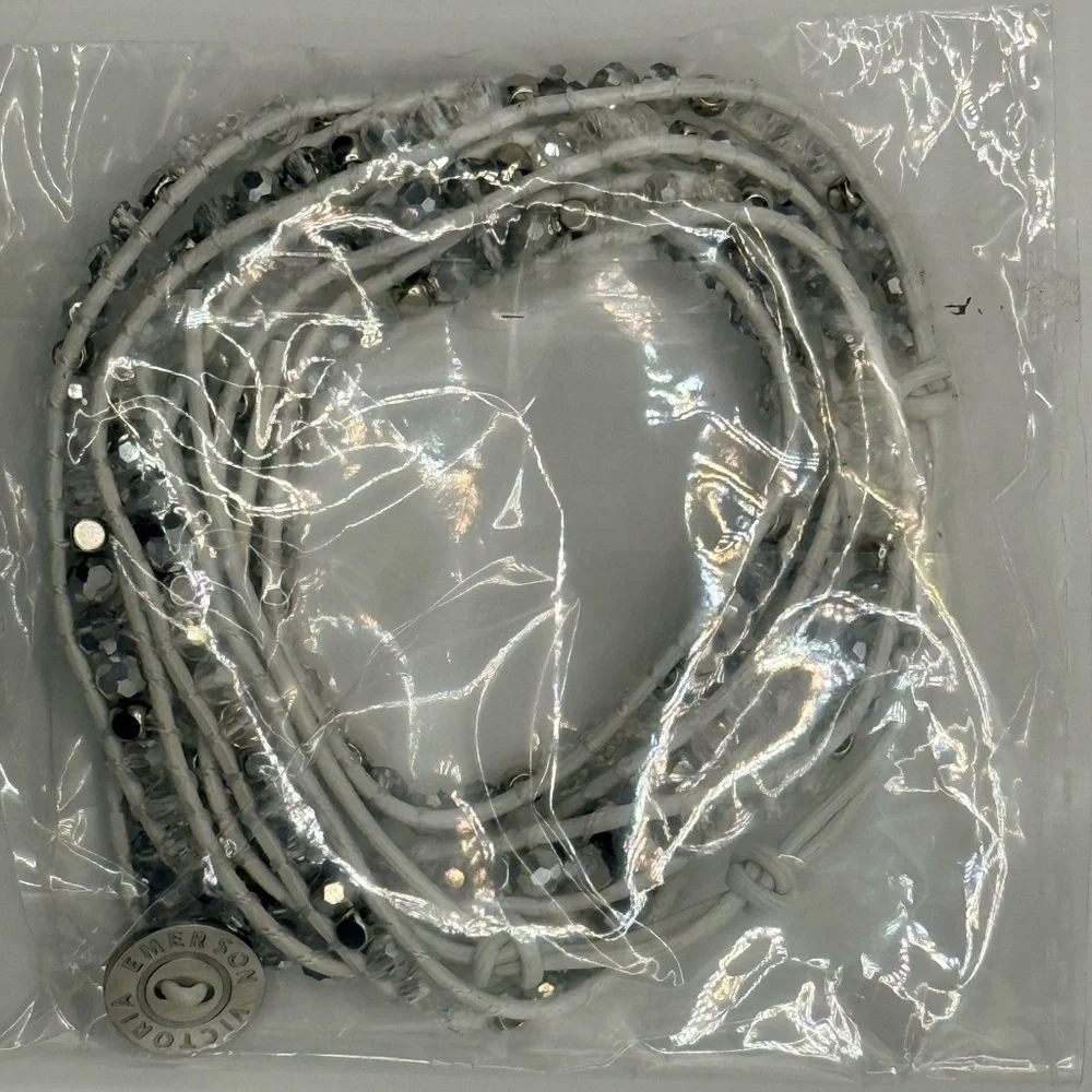 Victoria Emerson 5‑Wrap Bracelet – Iridescent Silver & Clear Crystals White Cord